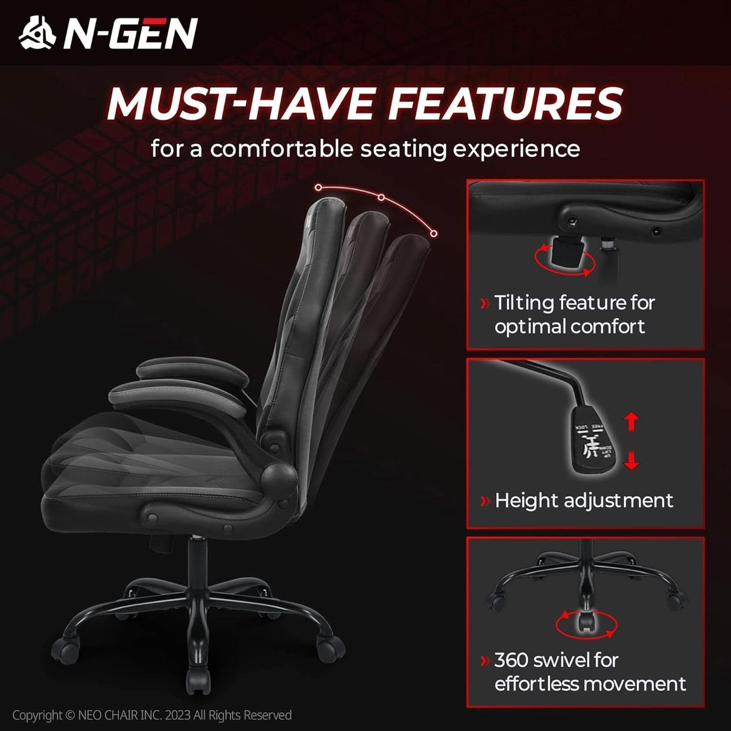 N-GEN Ergonomic Gaming Chair With Lumbar Support Gray PU Leather