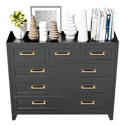Dresser Tall 9-Drawer Black Steel Smooth-Glide 47.3x15.8x39 In