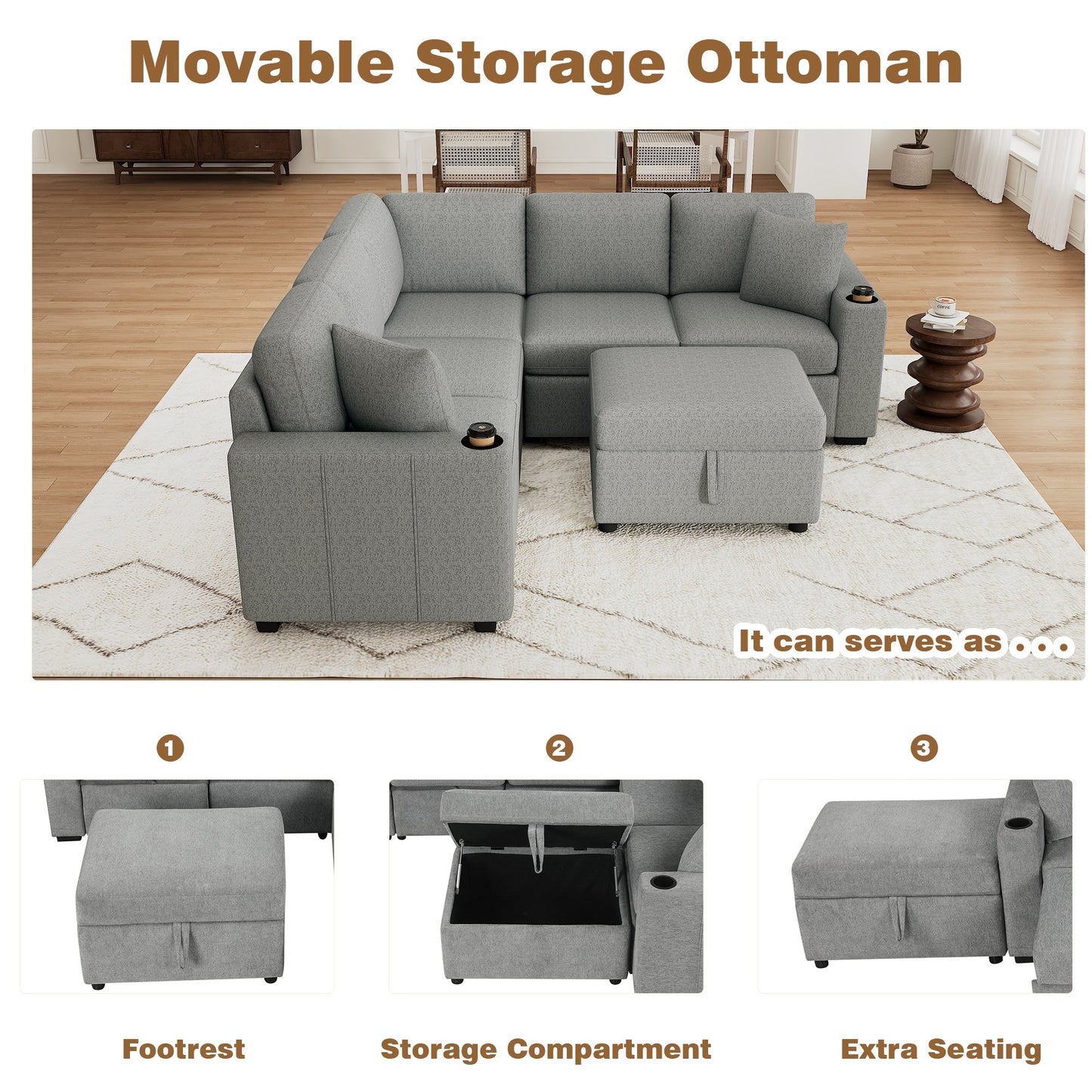 84" Sectional Sofa Convertible Pull-Out USB Gray