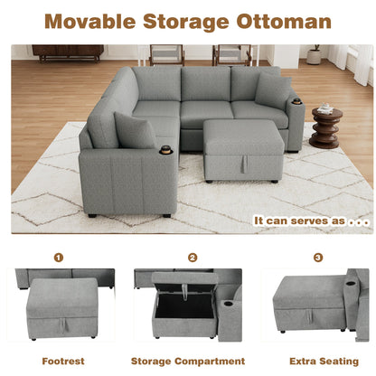 84" Sectional Sofa Convertible Pull-Out USB Gray