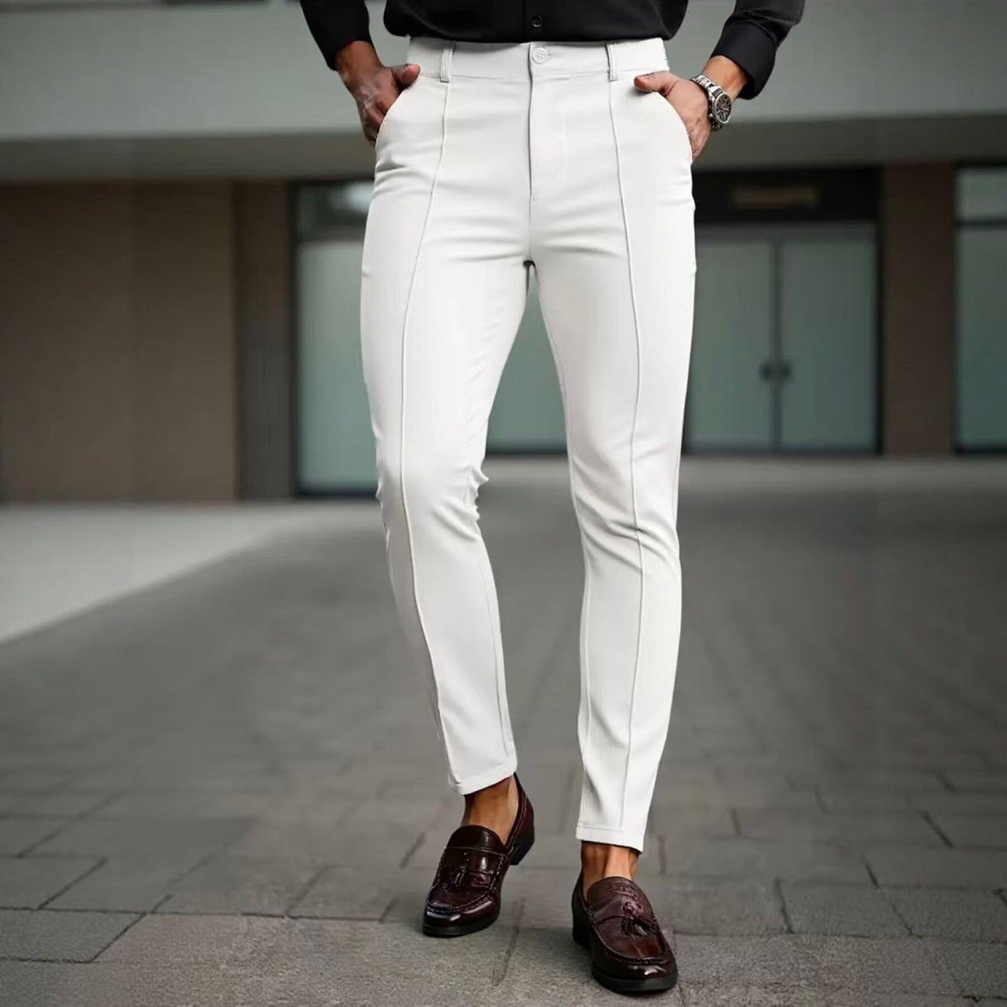 Mens Slim-Fit Solid-Color Stretch Cropped Dress Trousers