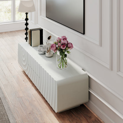 TV Stand Spiral Wave White MDF Floating Base Fits 60 In TV 58.3 In