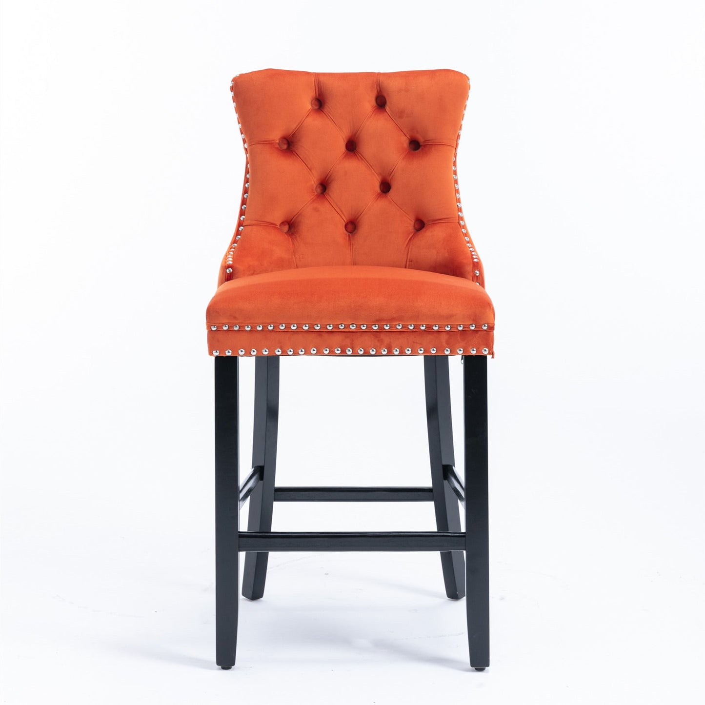 Velvet Upholstered Barstool Set of 2, Button Tufted, Chrome Nailhead, Orange