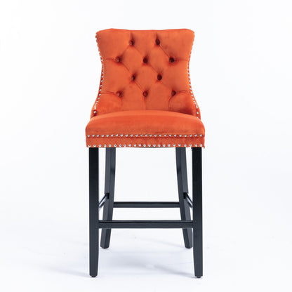 Velvet Upholstered Barstool Set of 2, Button Tufted, Chrome Nailhead, Orange