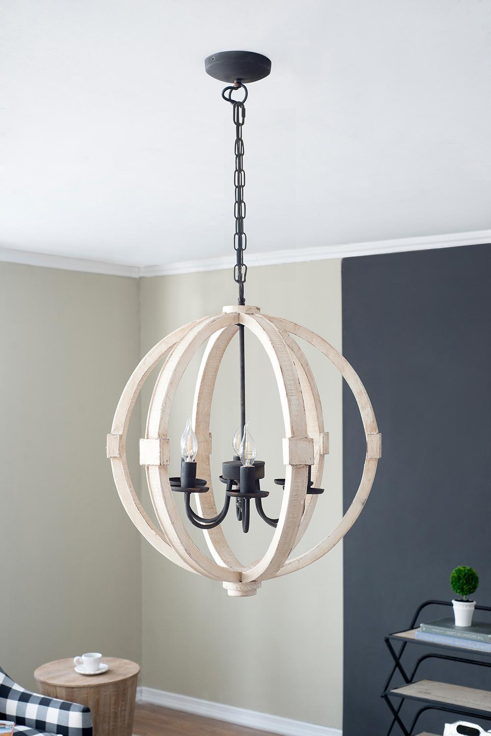 Chandelier Antique Cream 6-Light Pine Wood Iron 22.5 In 26 In