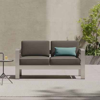 Outdoor Loveseat Aluminum Khaki Water-Resistant Cushion 56.75x27.5 In 600 LB