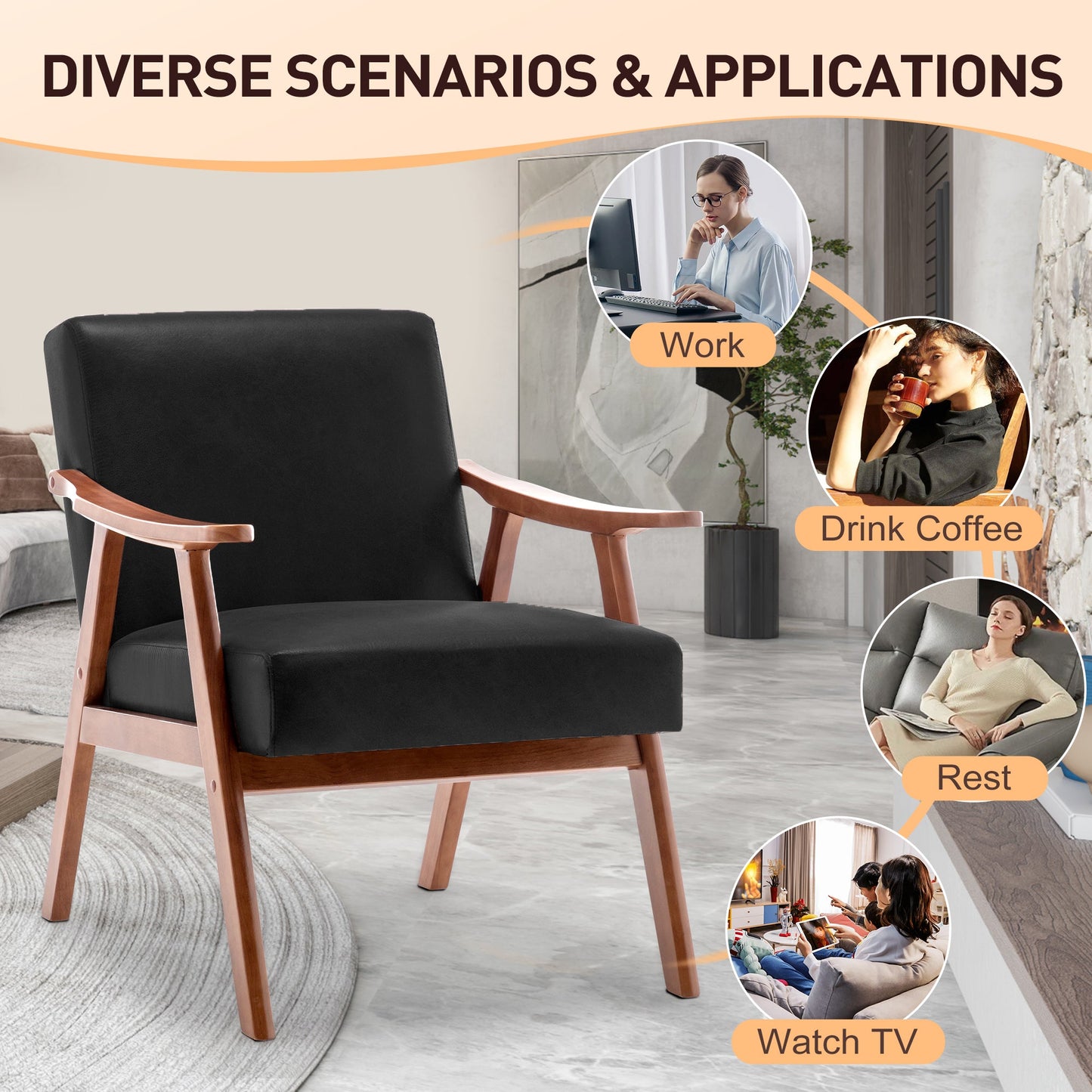 Mid-Century Wingback Accent Chair Black PU Leather 26x31x32