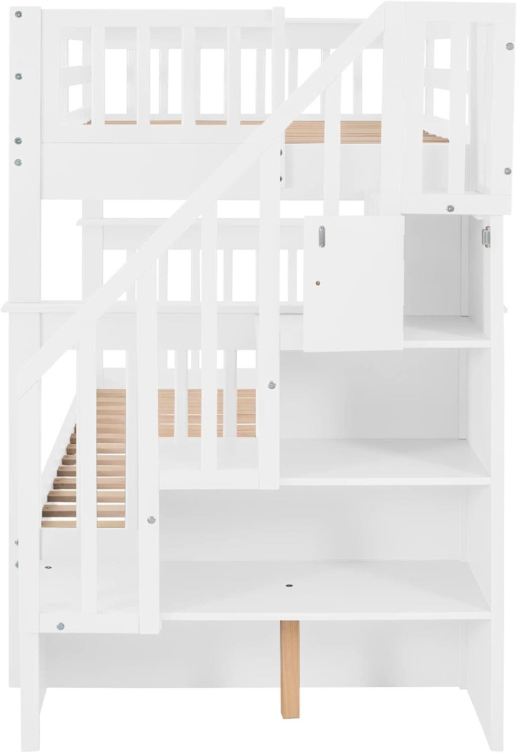 Twin Over Twin Bunk Bed With Stairs Solid Wood White