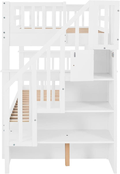 Twin Over Twin Bunk Bed With Stairs Solid Wood White
