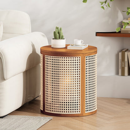 15.70' Round End Table, Hollow Woven Side Table, Small Rubber Wood Nightstand,