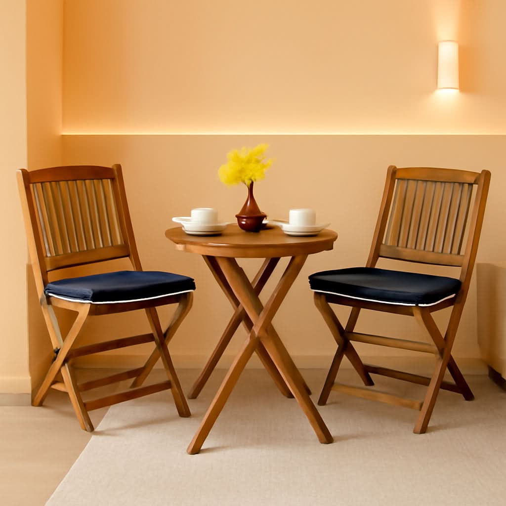 Patio Bistro Set With Wood Table And Navy Cushioned Chairs