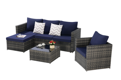Outdoor Sectional Set PE Rattan Steel Dark Blue 4 Piece Seats 6 380 LB