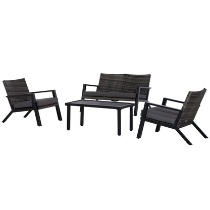 Outdoor Patio Set PE Wicker Black 4 Piece Loveseat Chairs