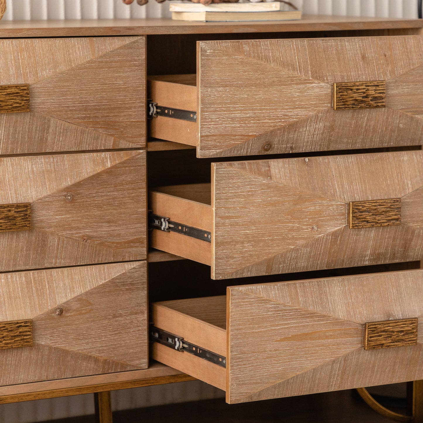 Chest Modern 6-Drawer Natural Wood Geometric Diamond Gold Legs 47.24 In