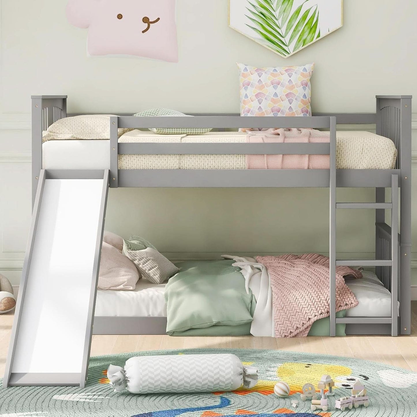 Twin Over Twin Bunk Bed With Slide In Gray For Kids