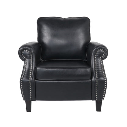 Club Chair Contemporary PU Leather Black Rolled Arms Nailhead Trim 37 In