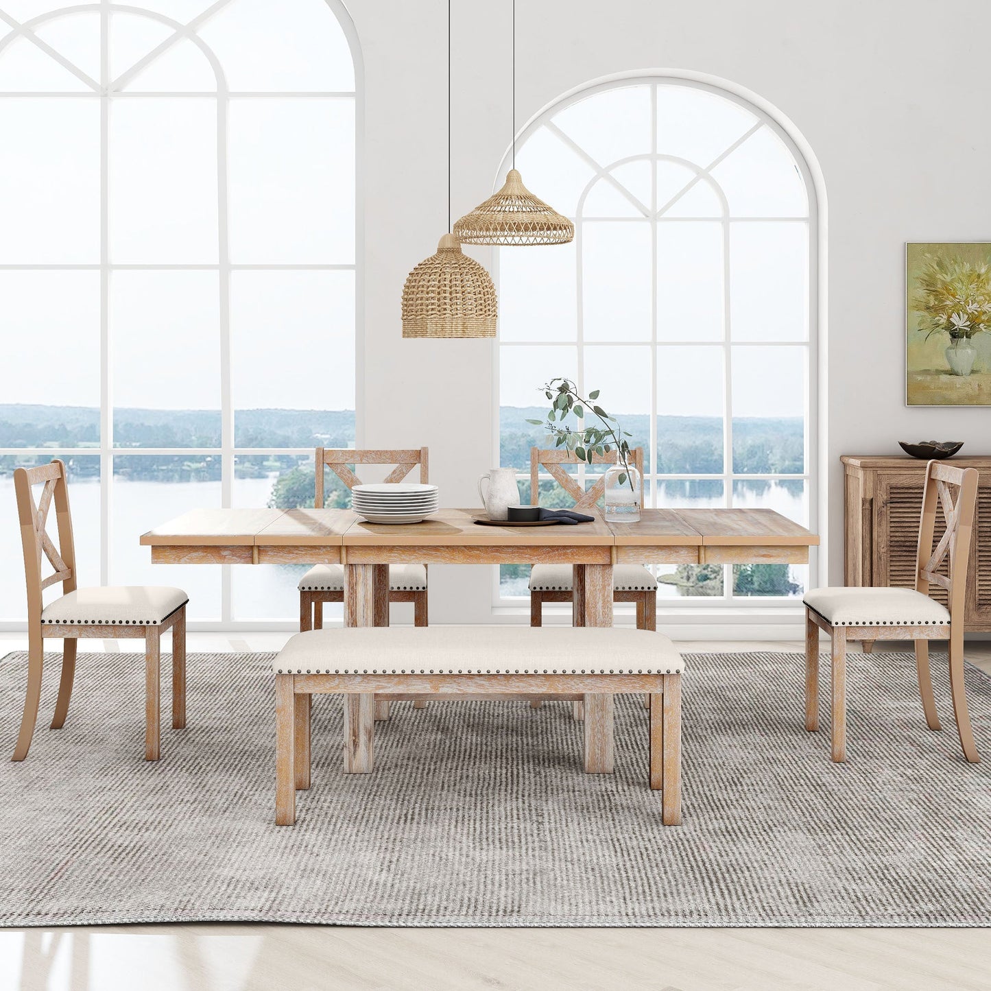 Farmhouse 82inch 6-Piece Extendable Dining Table with Footrest, 4 Upholstered