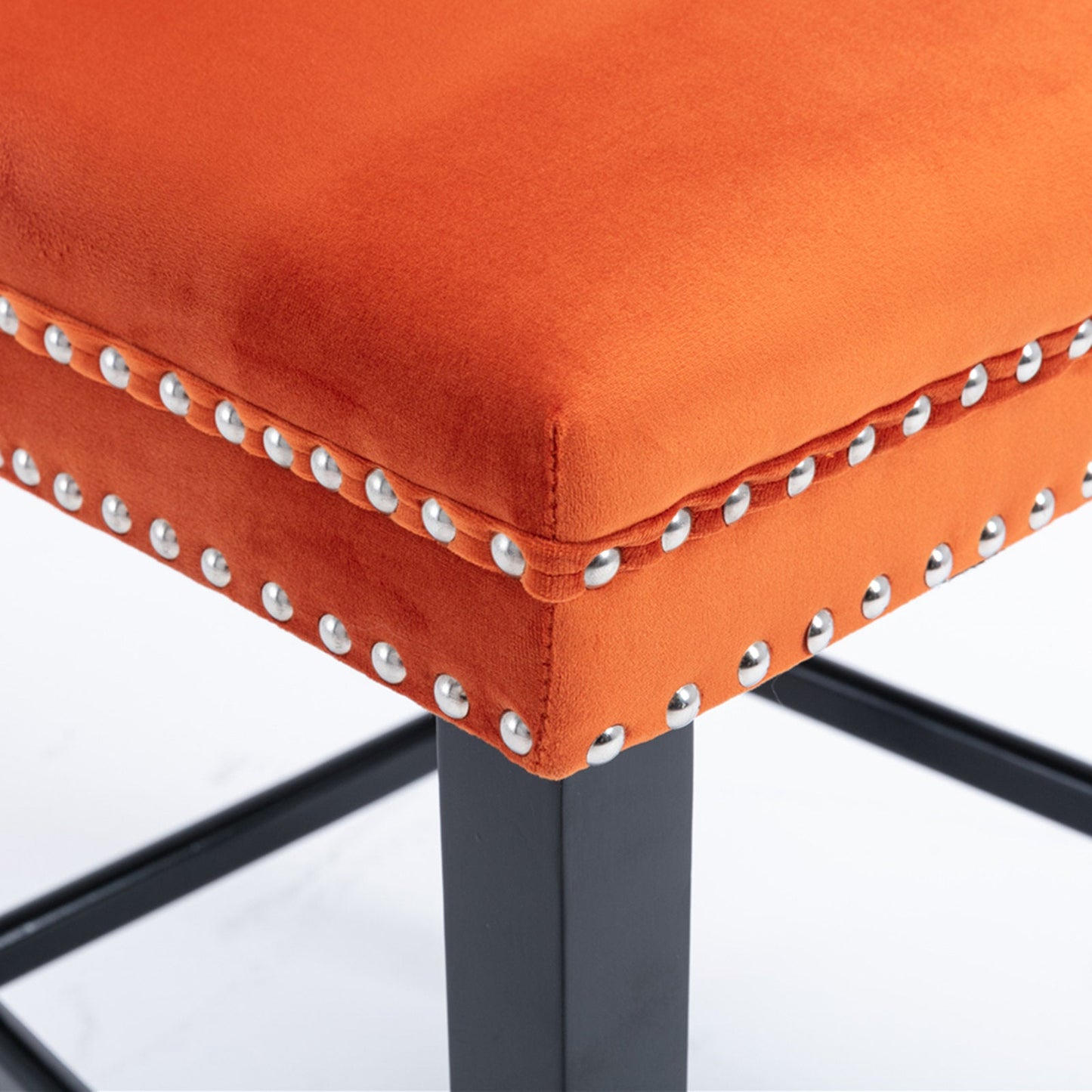 Velvet Upholstered Barstool Set of 2, Button Tufted, Chrome Nailhead, Orange
