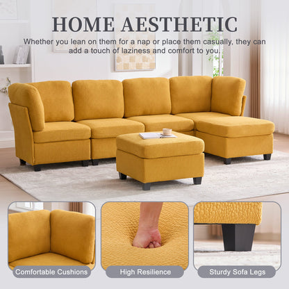 Sectional Sofa U-Shape 6 Seat Mustard Yellow Storage Ottoman