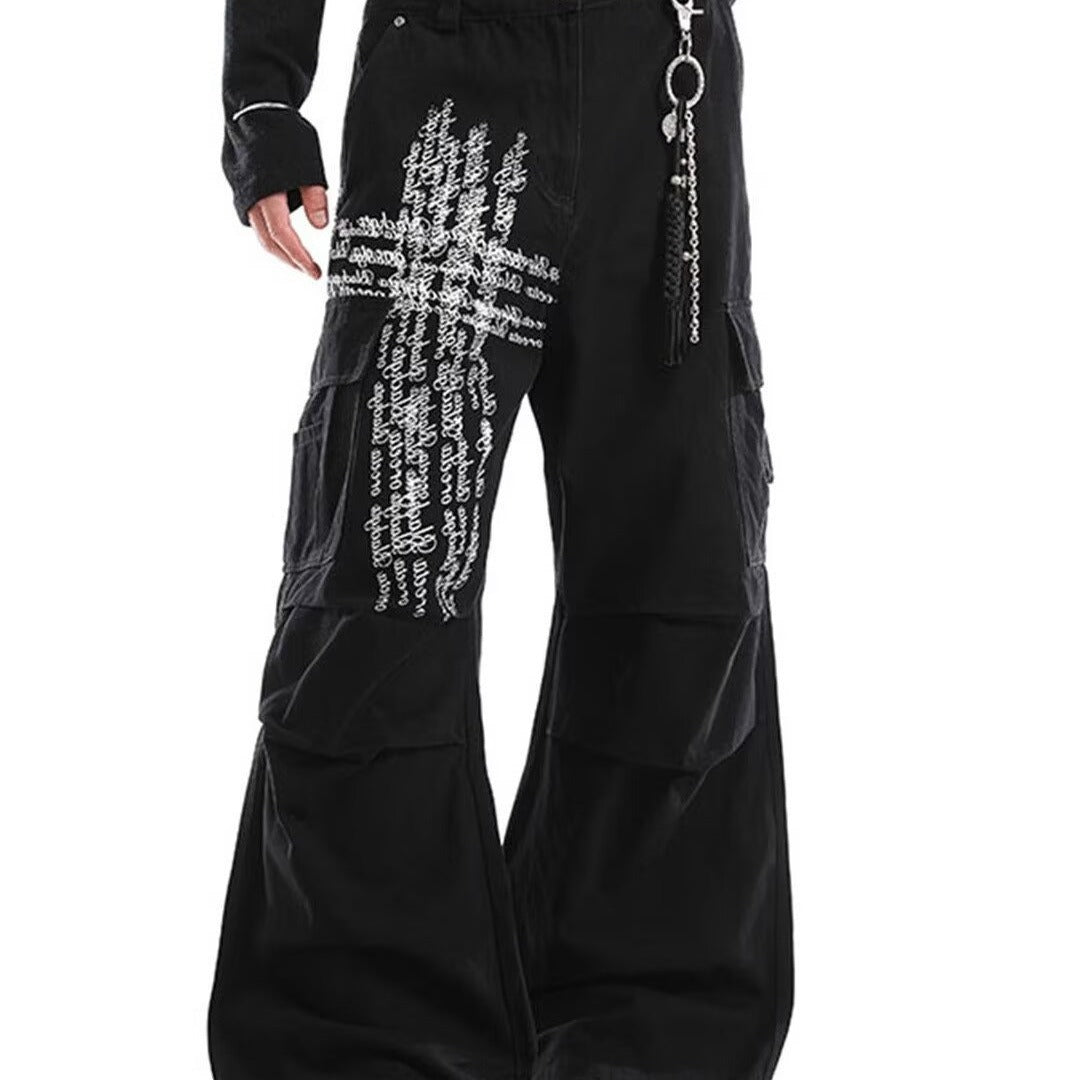 Mens Cross-Design Rhinestone-Embellished Double-Waist Button Denim Jeans