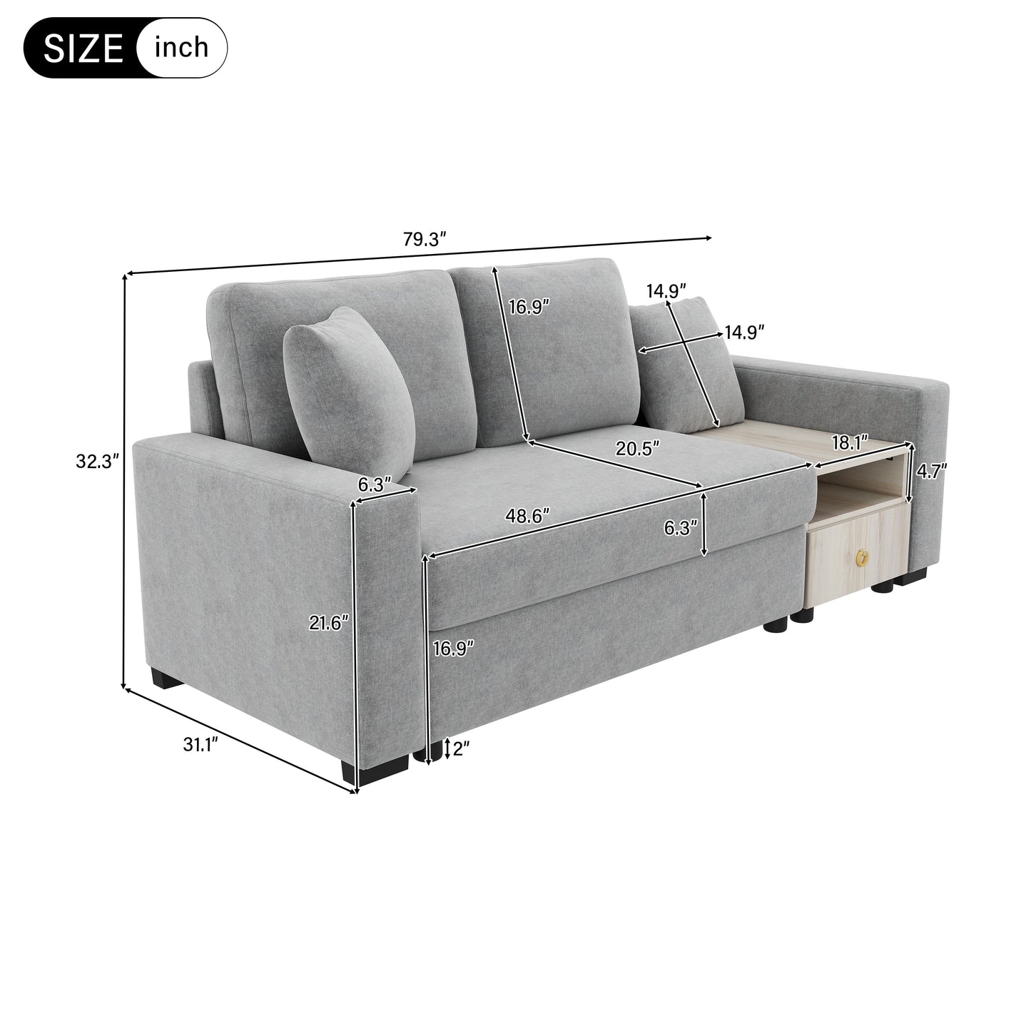 Sofa Modular Chenille Gray 2 Seat Center Console Storage Armrests 79 In