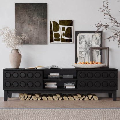 TV Stand Mid-Century Modern Solid Wood Gray Black 4-Drawer Fits 70 In TV