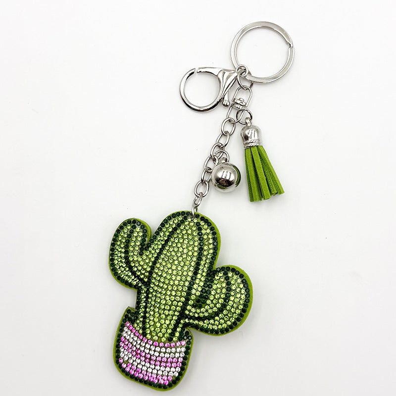 Diamond-Encrusted Cactus Keychain With Tassel Metal Pendant
