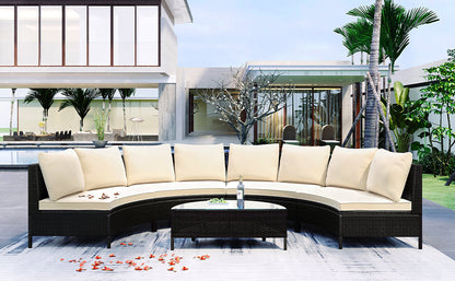 Outdoor Patio Set Half Moon PE Rattan Steel Beige 5 Piece Tempered Glass