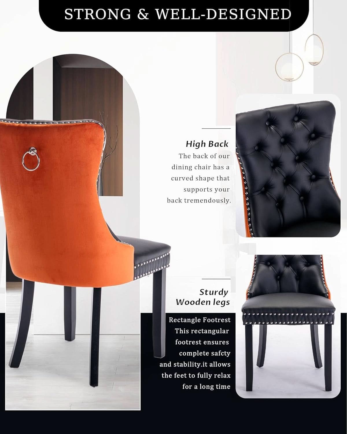 Leather Dining Chair Set Of 2 Tufted Black And Orange