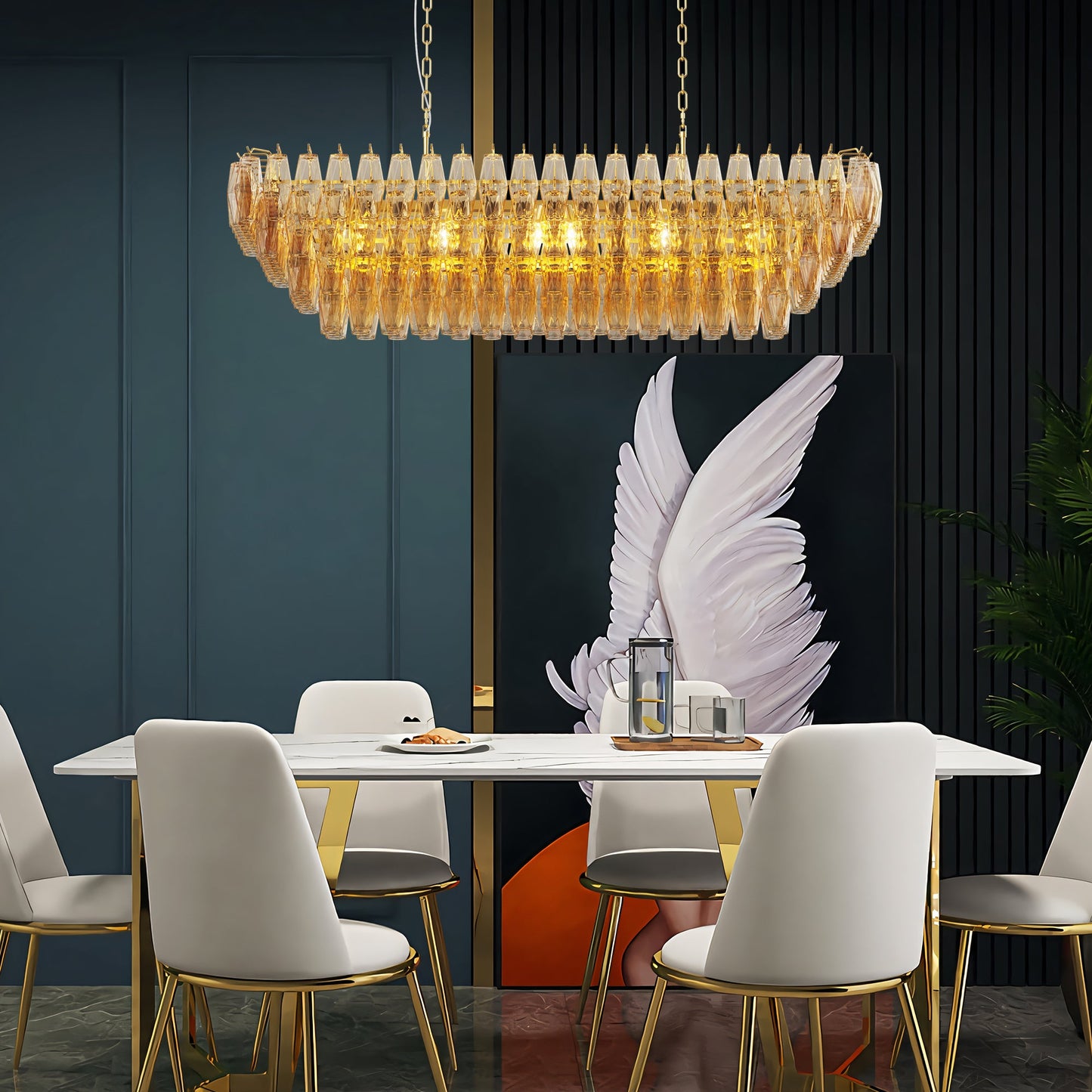 Chandelier Rectangle Gold 12-Light Smoke Glass Modern Living Room 54 In