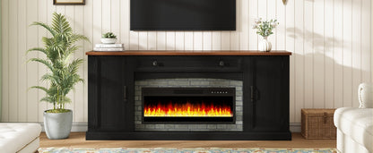 TV Stand Fireplace Black MDF Walnut Top Gray Brick 1400W Fits 70 In TV 66.9 In
