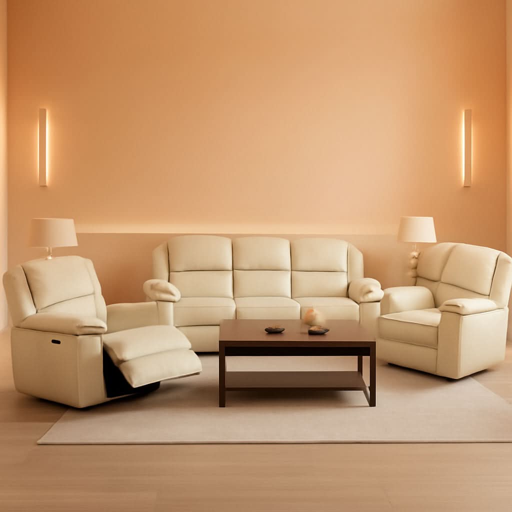 Beige Leather Recliner Sofa Set With Storage And Cup Holder