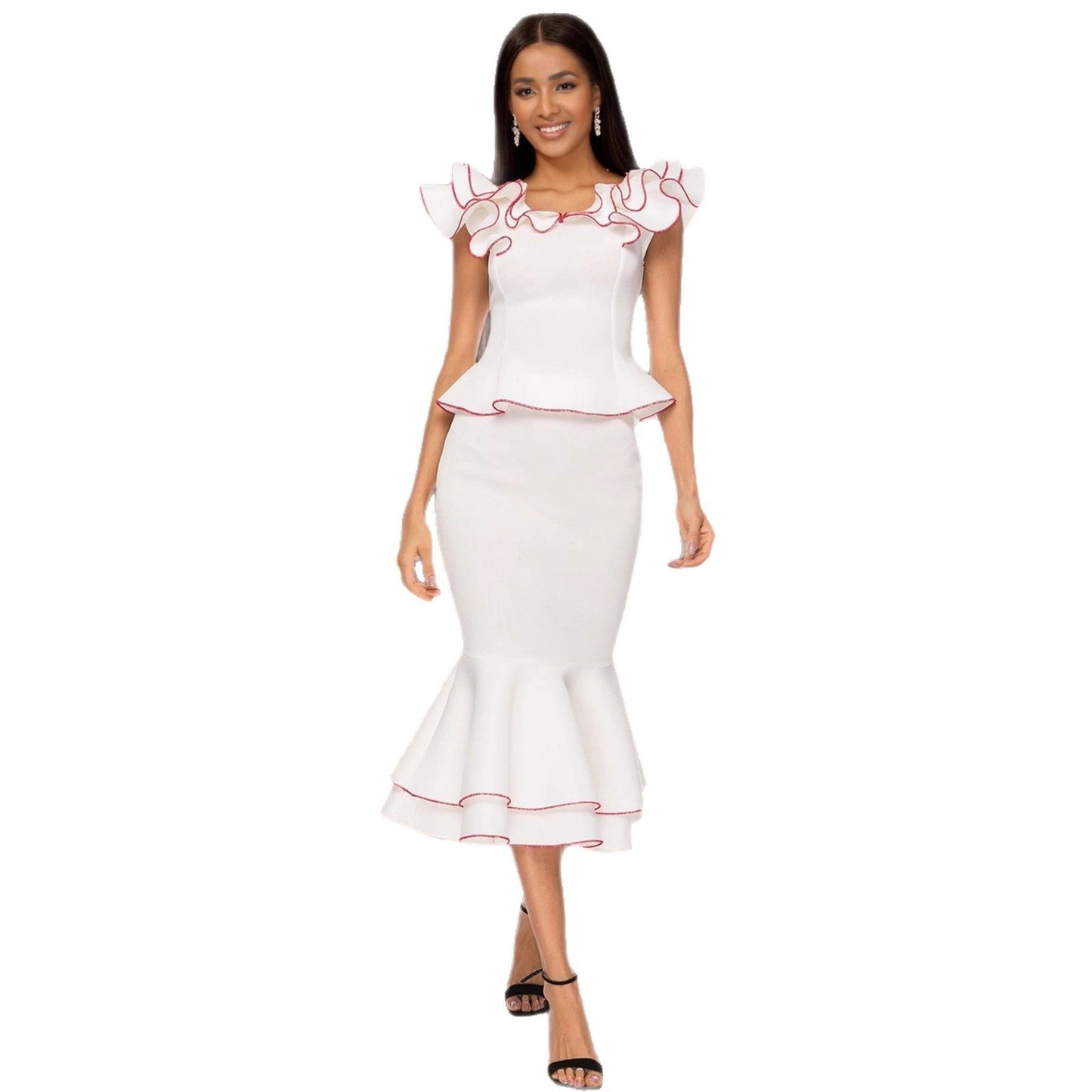 Women's Ruffled Contrast Color Top Temperament Slim Fishtail Skirt Suit