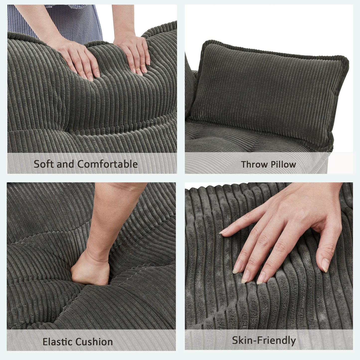 Sectional Sofa L-Shape Corduroy Gray 4 Seat USB Ports Ottoman 119 In