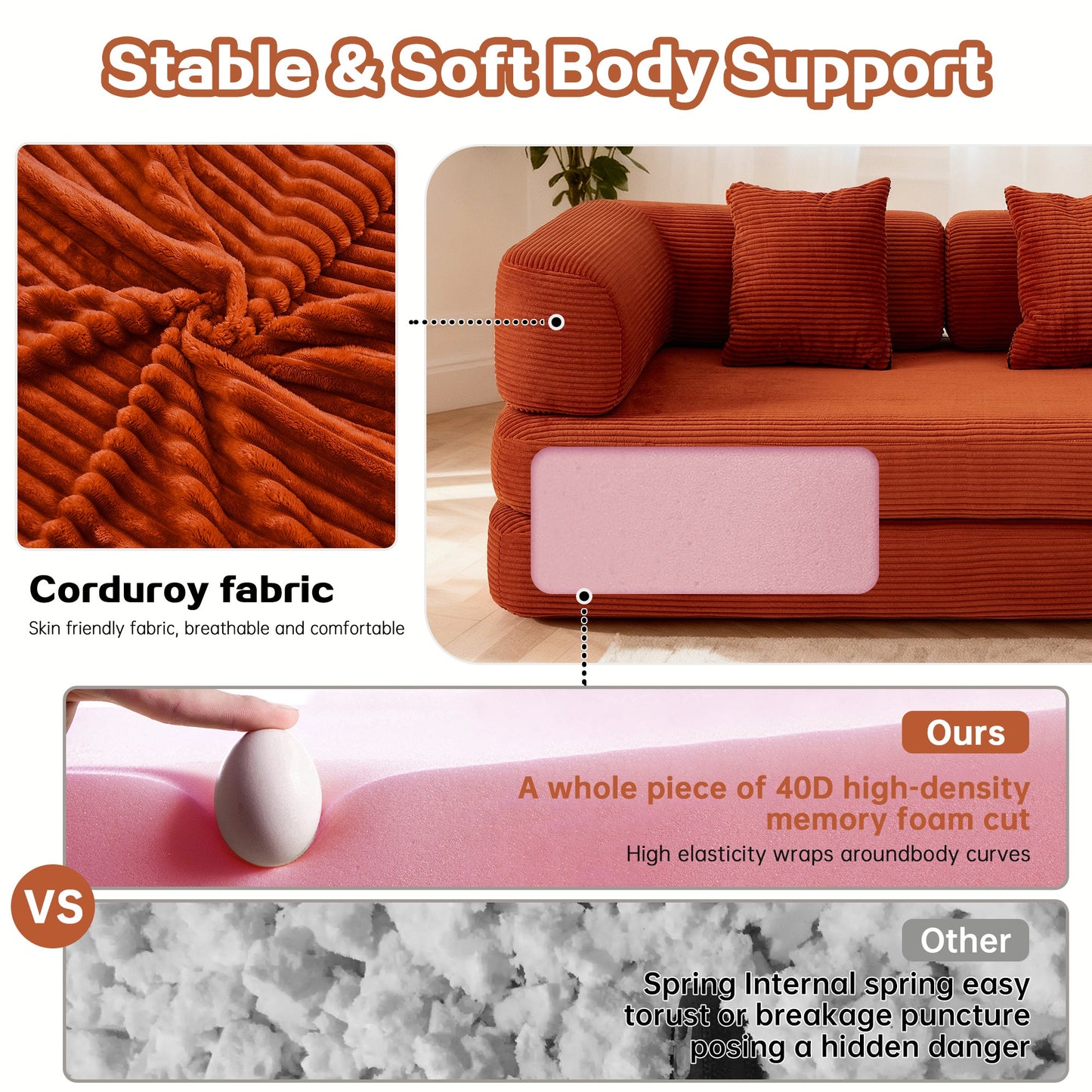 Sofa Bed Convertible 5-in-1 Corduroy Red Floor Steel Frame 74.8 In