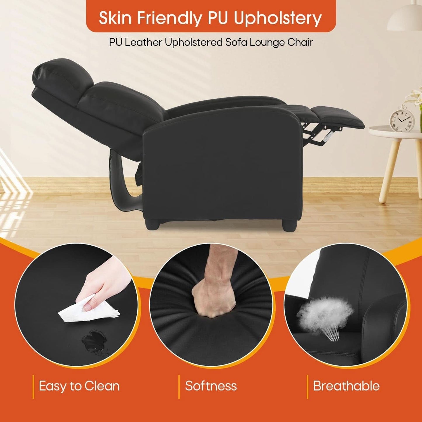PU Leather Recliner Chair Black With Lumbar Support