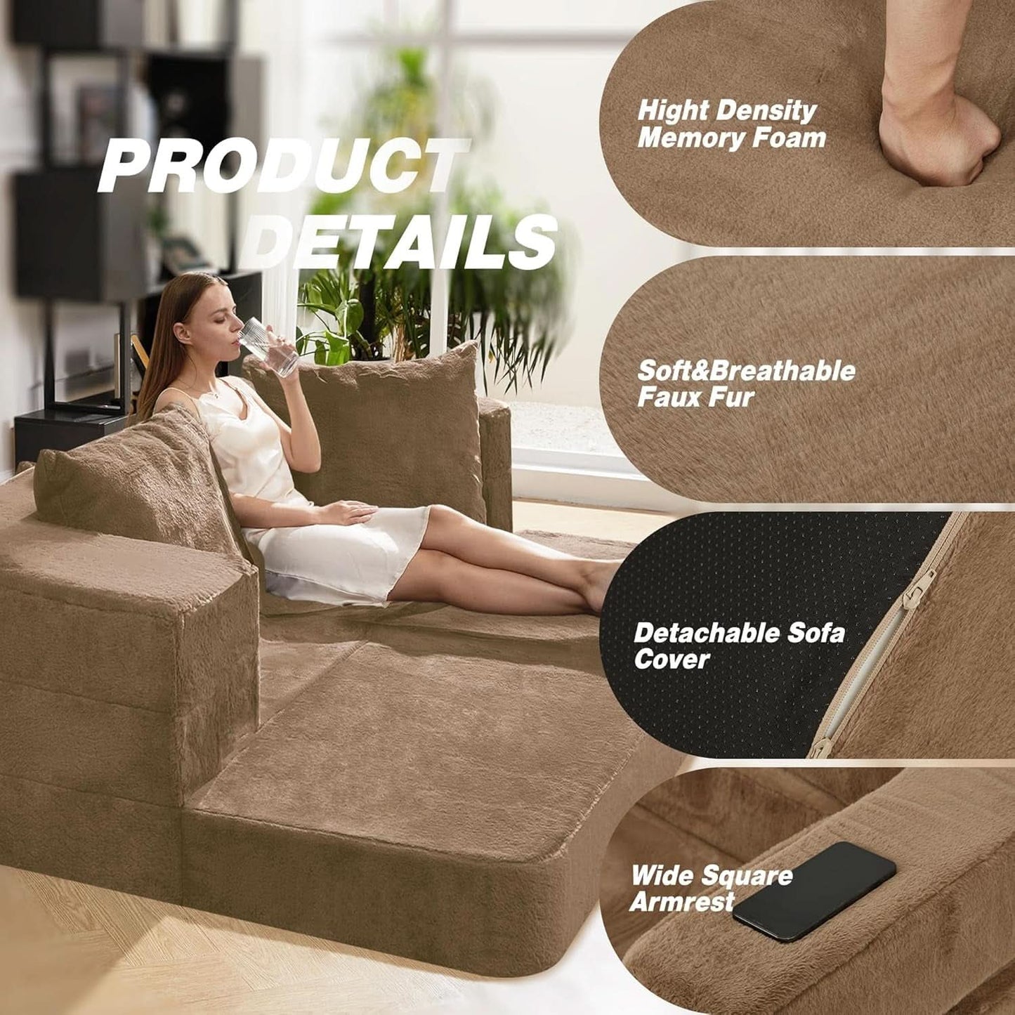 Folding Bean Bag Chair 3in1 Convertible Sofa Bed Brown