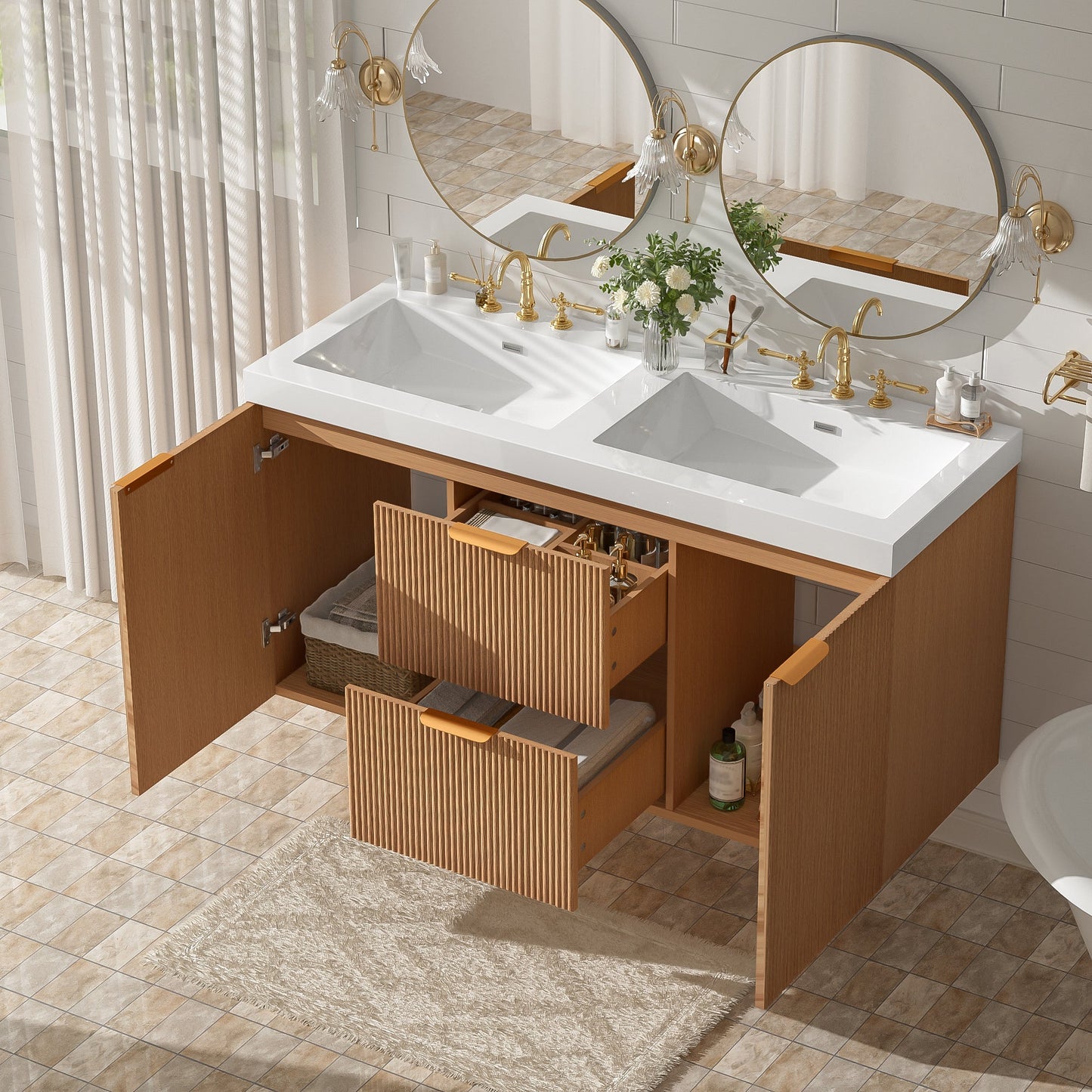 Modern 47.24 Inch Double Sink Bathroom Vanity with SMC Top, MDF Cabinet