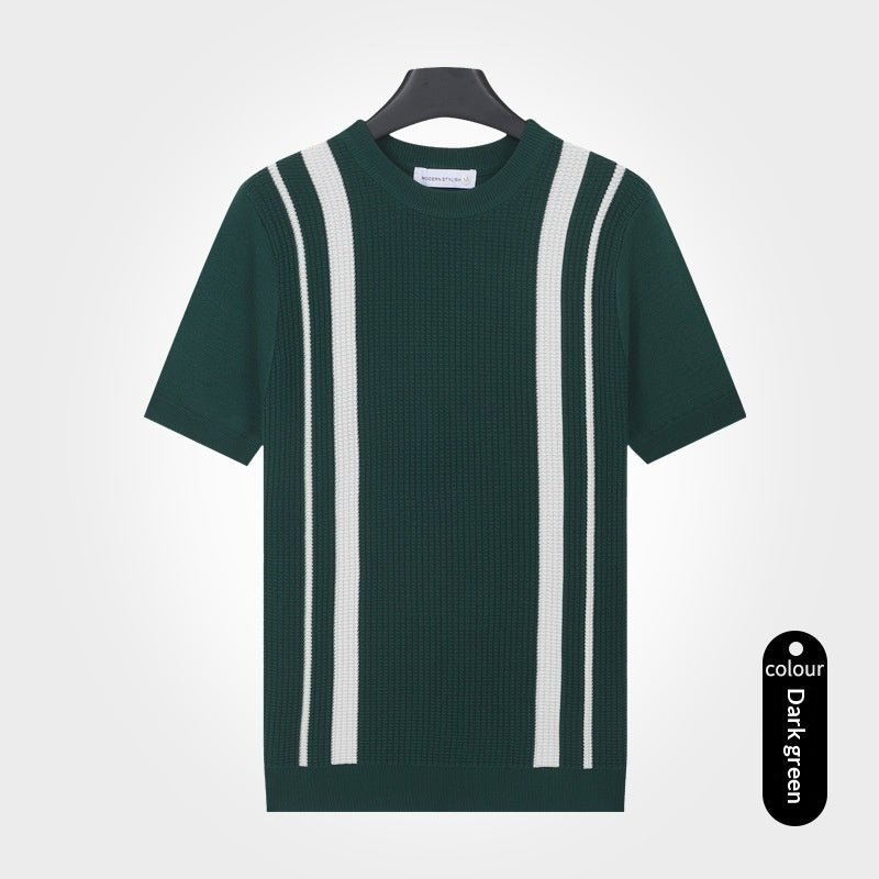 Mens Ice-Silk Cool-Feel Striped Crew-Neck Knitted Top