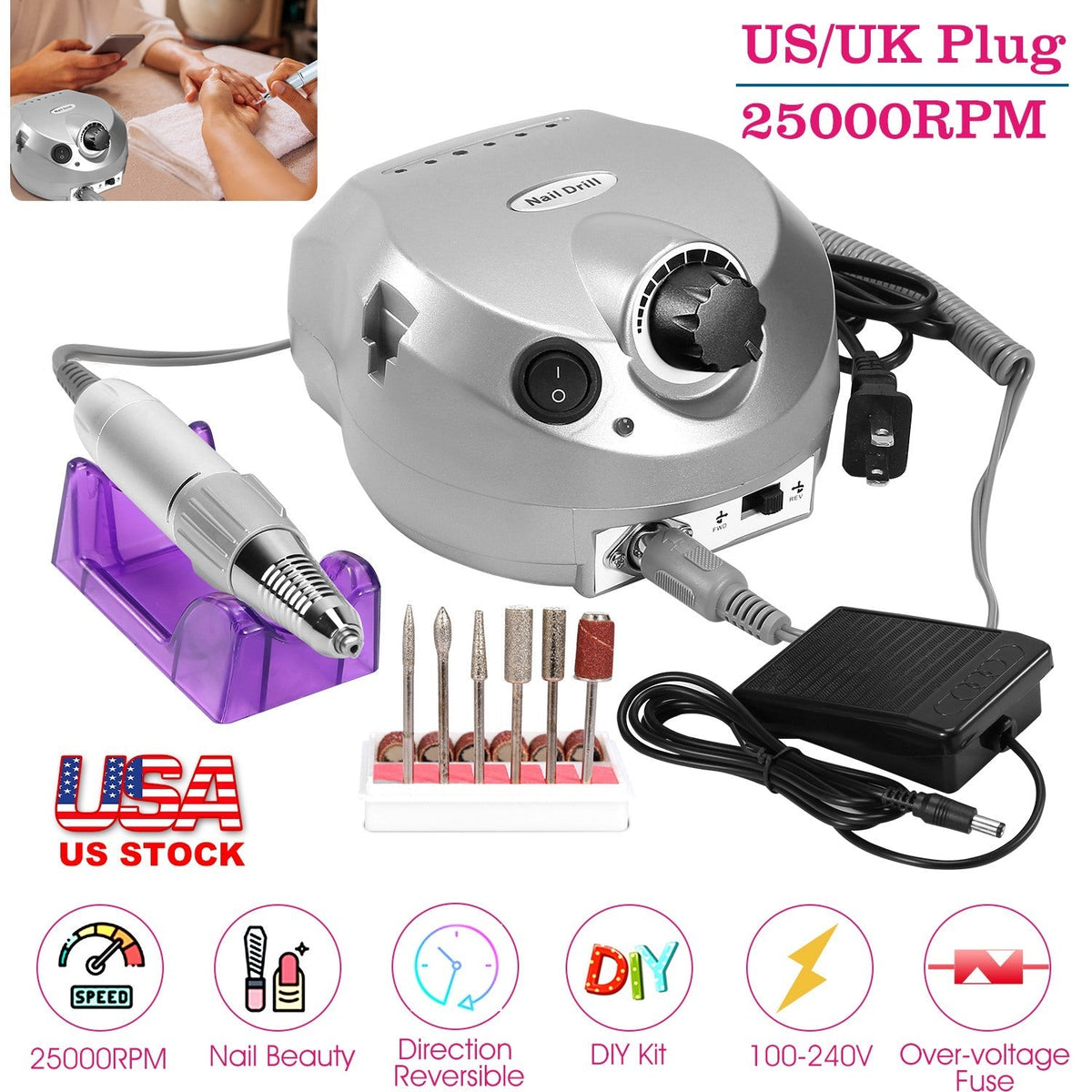Electric Nail Drill Machine, 25,000 RPM, 6 Bits and Bands