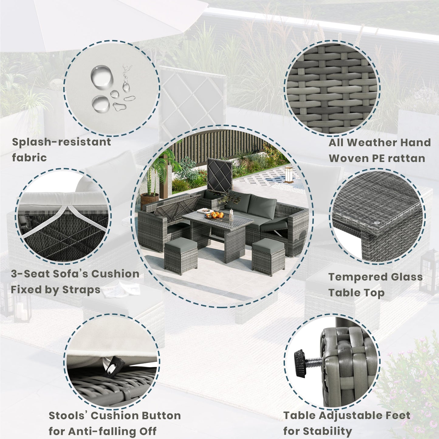 Outdoor 6-Piece All Weather PE Rattan Sofa Set, Garden Patio Wicker Sectional