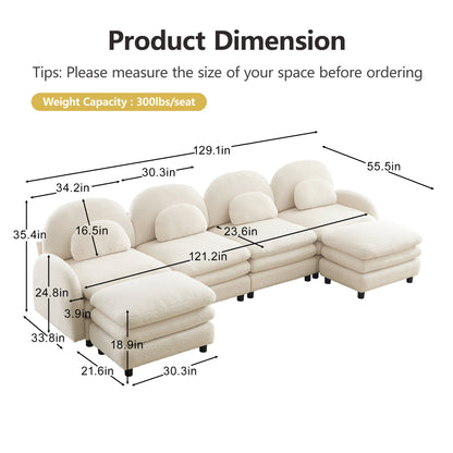 Sectional Sofa Modular Teddy Fleece Beige 4 Seat Curved Back with Ottomans