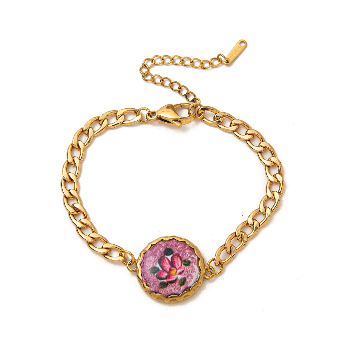 French Retro Oil-Painting-Style Floral Pendant Bracelet
