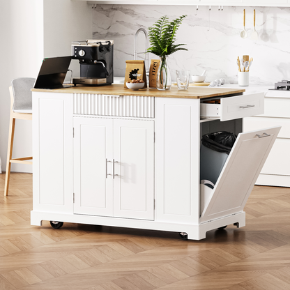 K&K Fluted Kitchen Island with Trash Can Storage Cabinet, Power Outlet, Internal Storage Rack, Rolling Kitchen Islands on 5 Wheels with 3 Drawer, 3 Open Side Racks for 10 Gallon Garbage Bin, White