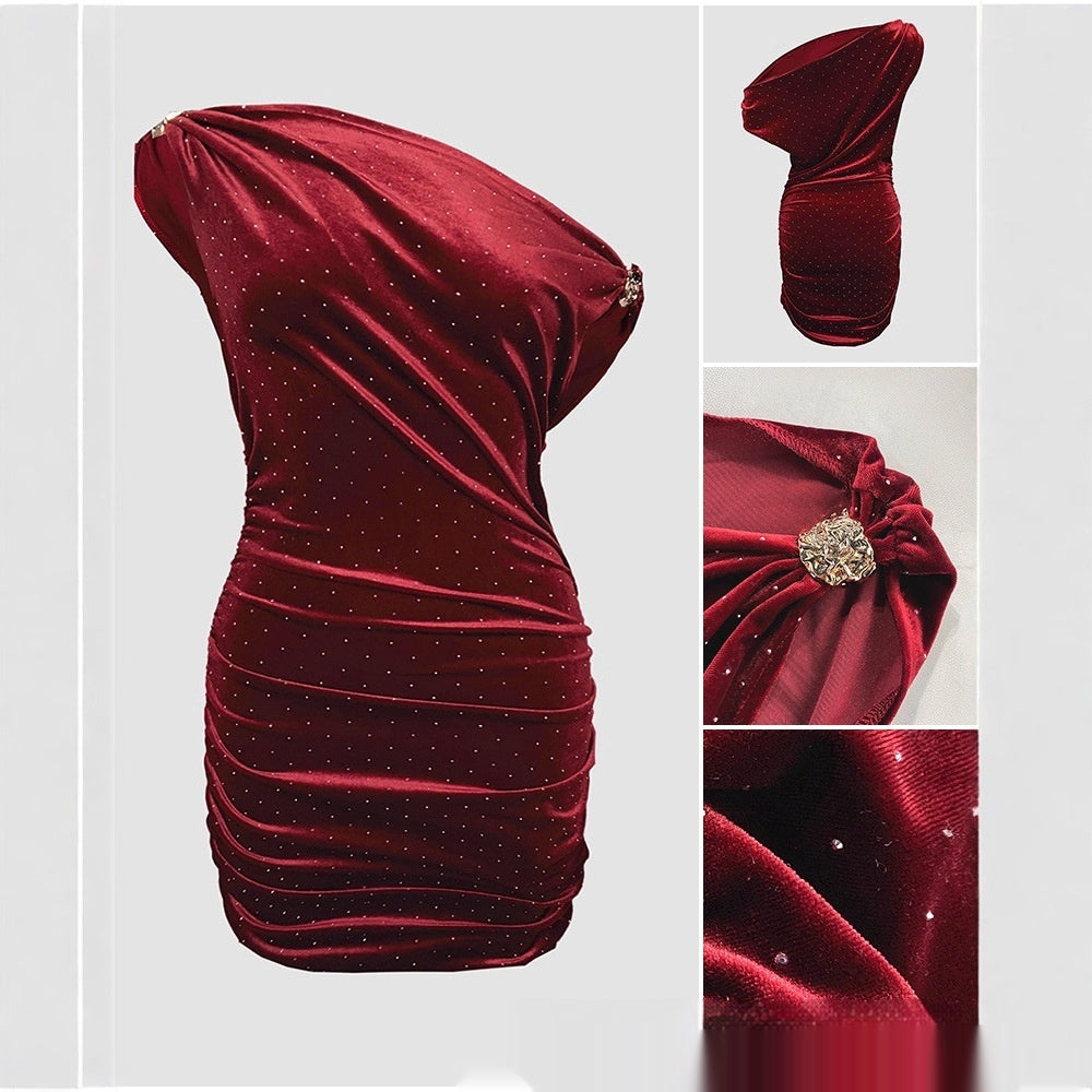 Velvet Rhinestone Embellished One Shoulder Dress