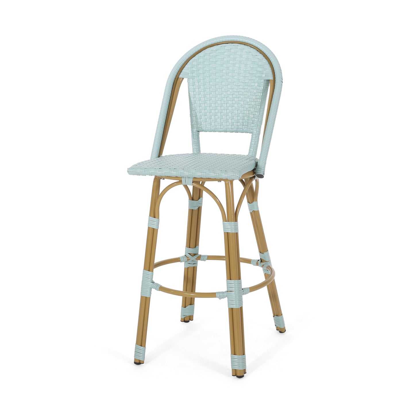 29.5 Inch Outdoor PE Rattan Aluminum French Barstools, Set of 2, Light Teal