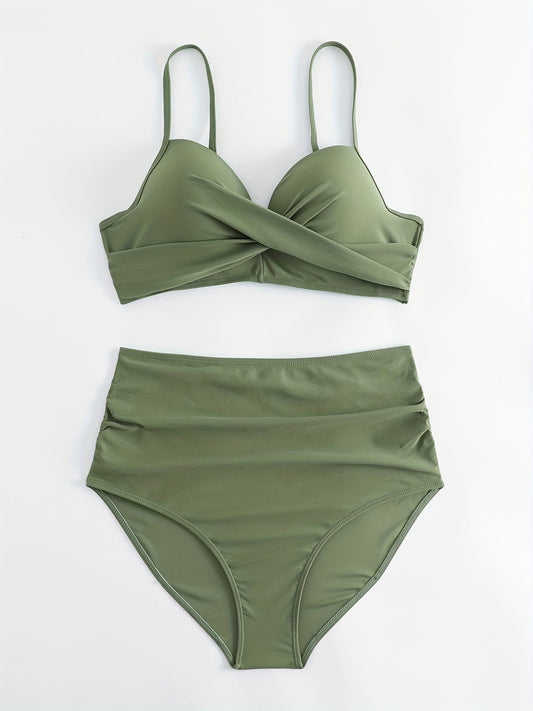 Tropical Vibe High Waist Bikini Set – Flirty V-Neck Swimsuit with Layered Colorblock High Cut Bottom Crisscross Strap Detail & Ultra-Stretch Comfort – Women's Two Piece Swimwear for Summer Beach Pool & Vacation Fun