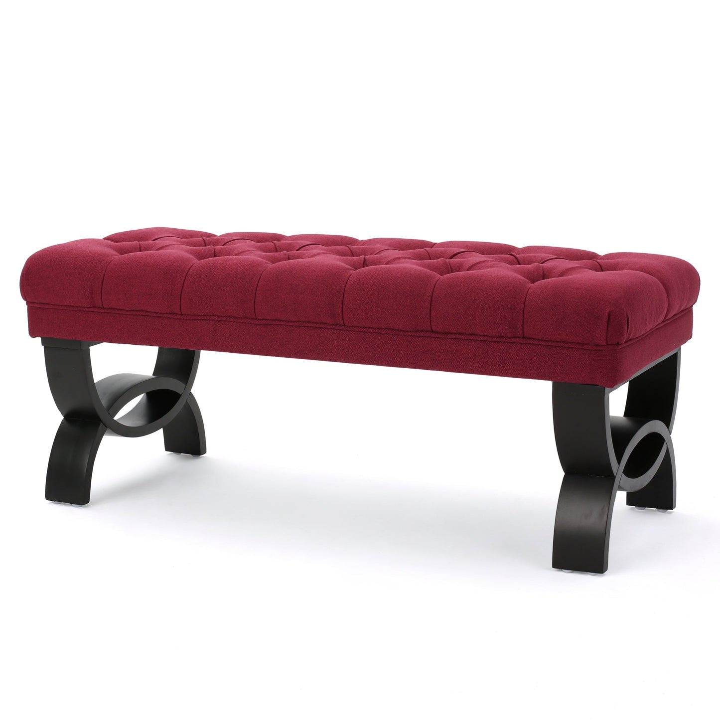 Ottoman Bench Button Tufting Half-Circle Legs, Red Fabric, 41x17x16.75