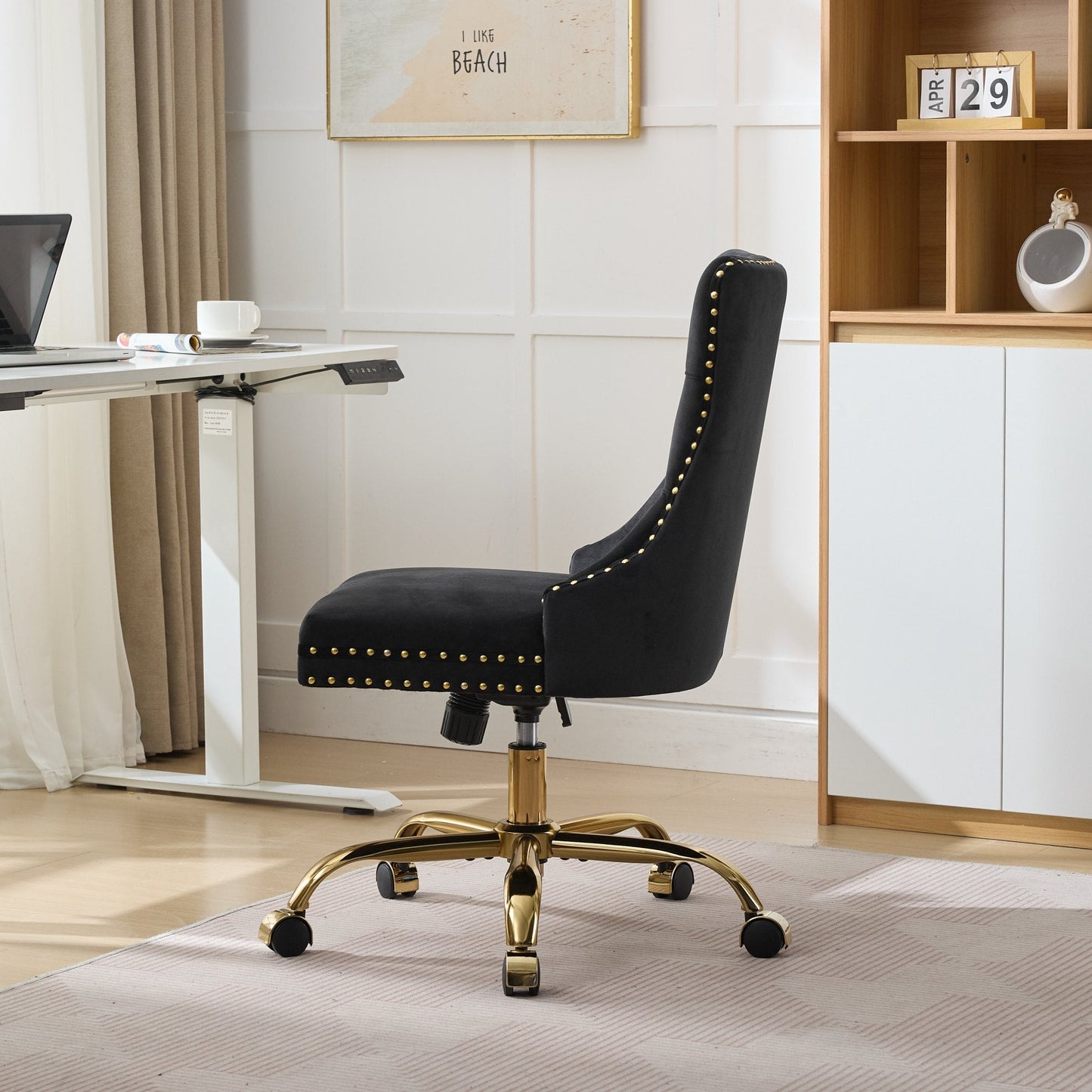 Swivel Office Chair Velvet Black Tufted Button Gold Metal Base 24.8x38.6 In