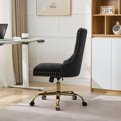 Swivel Office Chair Velvet Black Tufted Button Gold Metal Base 24.8x38.6 In